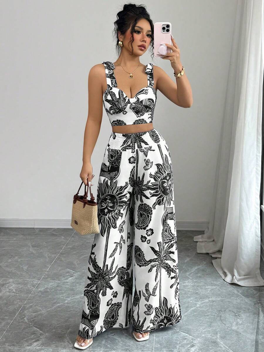 Selianne Bohemian Blue & White Print Suspender Tied Crop Top And Straight Leg Pants 2 Pieces Set, Holiday Vibe - Black - View 1