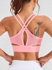 Sovereign Charm Women Seamless Solid Hollow Casual Sports Yoga Bra - Pink - View 1