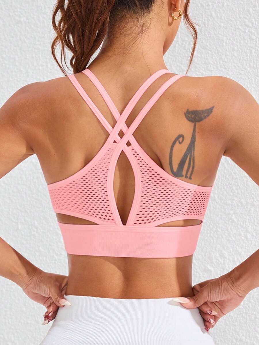 Sovereign Charm Women Seamless Solid Hollow Casual Sports Yoga Bra - Pink - View 1