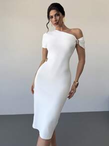 SHEIN Privé Đầm bodycon dài vừa phải màu trắng xếp ly cổ bất đối xứng trang trí kim loại thời trang thanh lịch tối giản tinh tế hàng ngày đi làm lãng mạn gợi cảm đêm hẹn hò - trắng - Xem 7