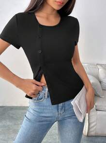 Chiquease 女士纯色短袖罗纹插肩亨利衫