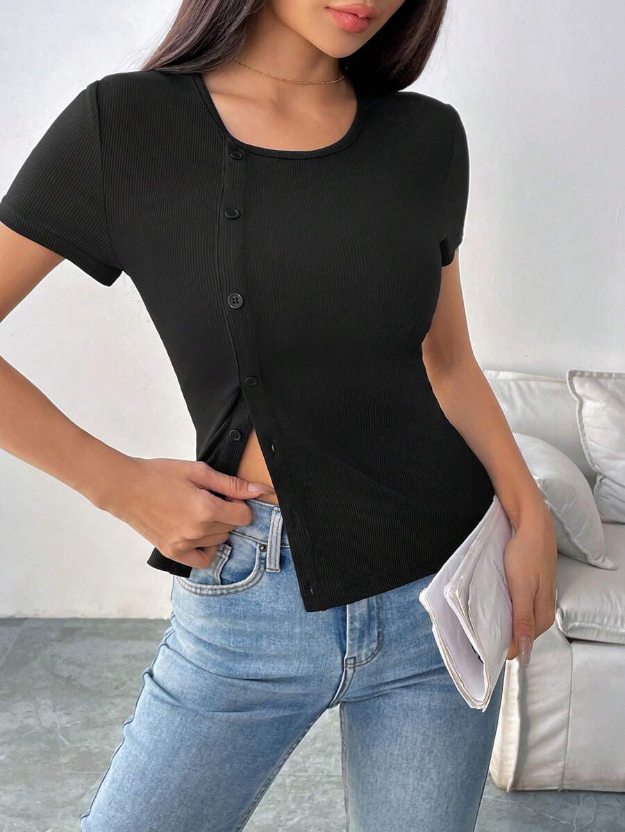 Chiquease 女士纯色短袖罗纹插肩亨利衫