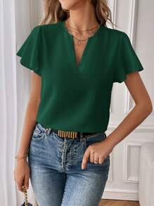 SHEIN Essnce Women's Casual & Commute V-Neck Ruffle Sleeve Blouse Green - Dark Green - View 4