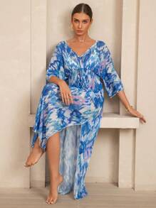 Swim Vcay Women's V-Neck Waist Cinched Long Beach Dress With Spring Break Print, Elegant Cover-Up For Holiday, Summer Vacation - Blue - View 7