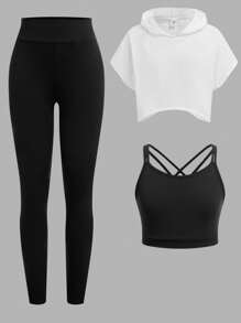 SHEIN Leap Crew 3pcs/Set Tween Girl Loose Fit Hooded Cropped T-Shirt, Cami Top And Leggings Sports Outfit, Gym Clothes - Black and White - View 3