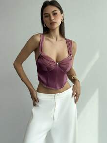 Aloruh Women's Elegant Ruched Mesh Splice Crop Top,Dusty Rose Summer Seductive Party Night Wedding Guest Bridal Shower Anniversary Bridesmaid Gyaru - Mauve Purple - View 5