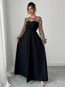 Rafferiza Đầm dài tay thêu lưới chắp vá cạp chun dáng chữ A, đầm dài màu đen - màu đen - Xem 4