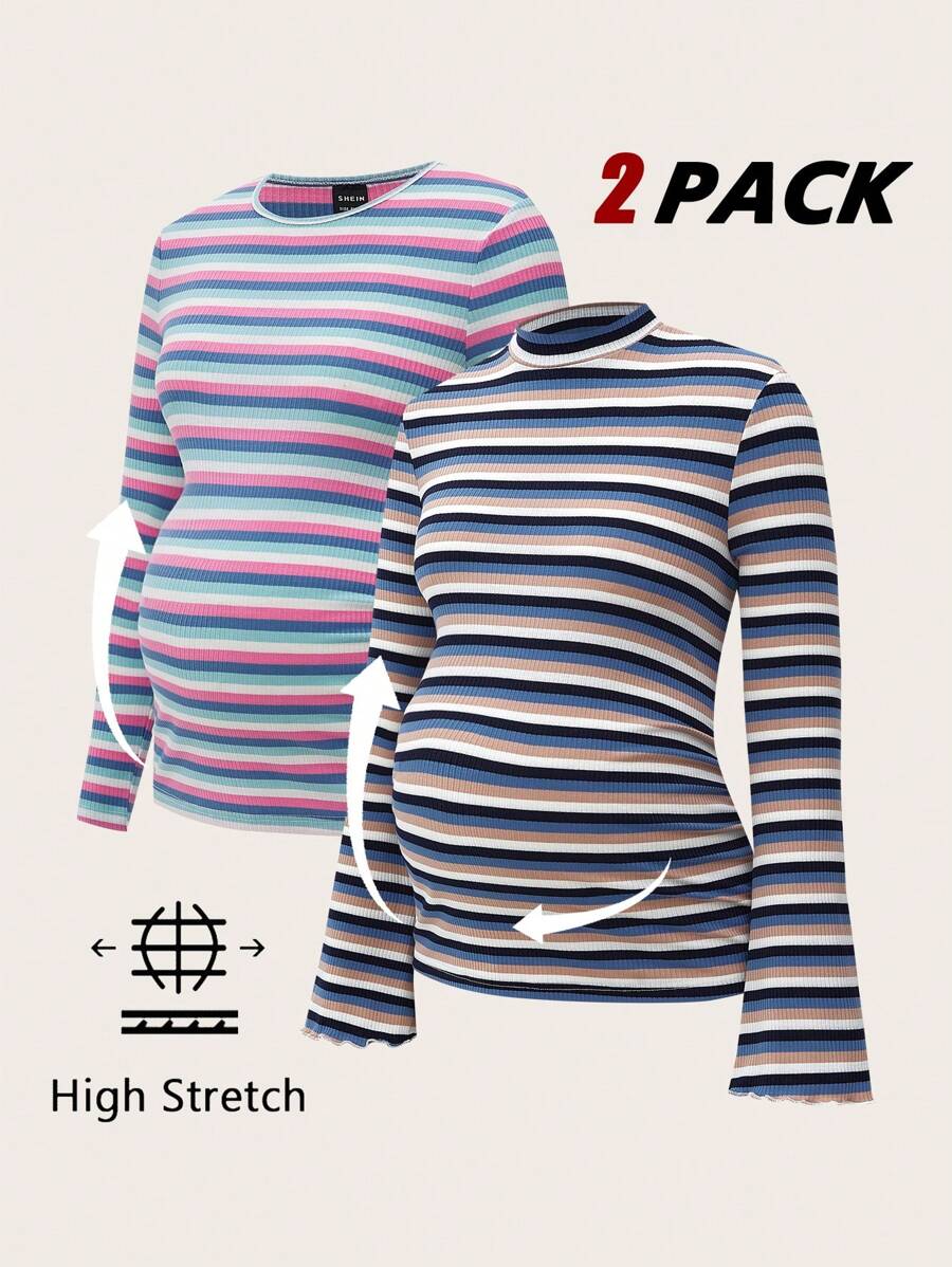SHEIN 2 件套立领长袖罗纹彩虹条纹孕妇 T 恤，秋季女式上衣 - 彩色 - 查看 1