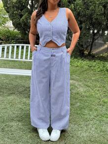 SHEIN EZwear 2pcs/Set Spring/Summer Casual Beige Striped Sleeveless Top And Straight Leg Pants
