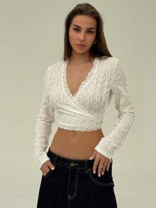 Aloruh Élégant t-shirt jacquard à manches longues, col en V plongeant, avec cravate enveloppante à nœud papillon ajustée