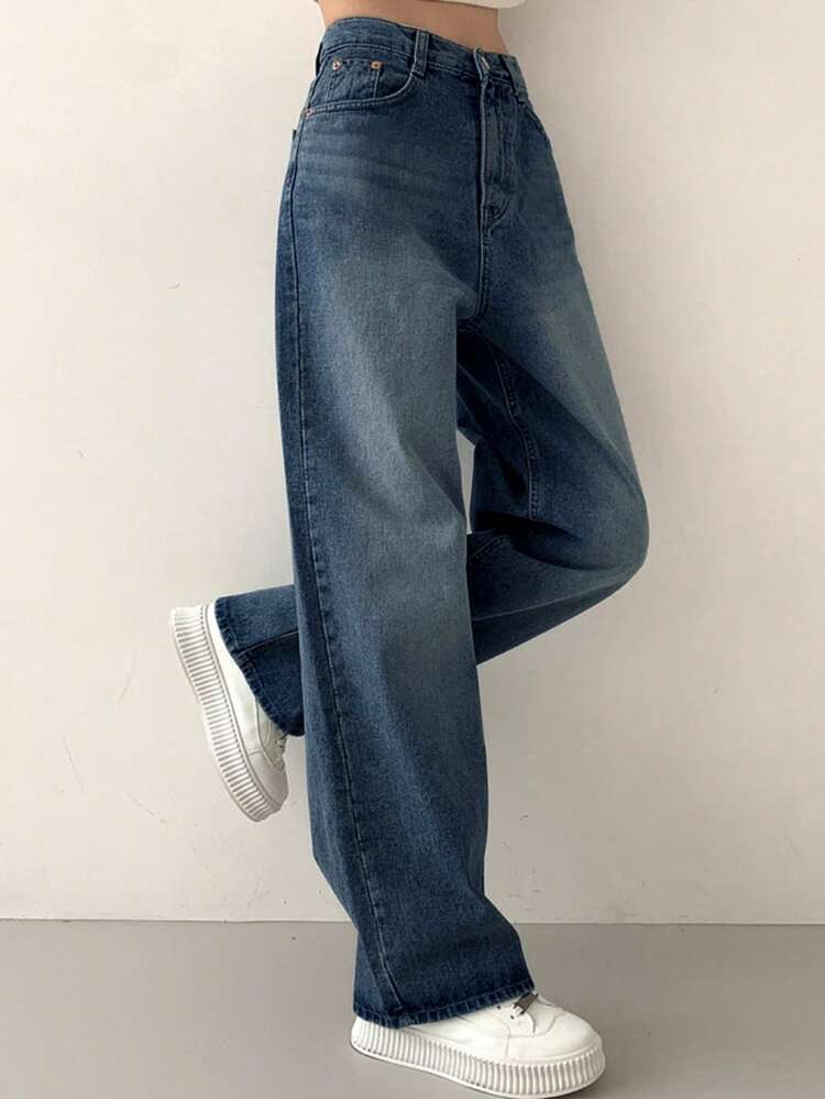 Women's Loose Fit Wide Leg Long Denim Jeans, Minimalist & Fashionable, Suitable For Summer