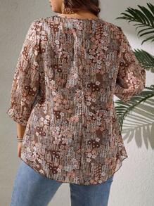 EMERY ROSE Plus Size Women's Elegant Chiffon Random Print 3/4 Sleeve Blouse - Multicolor - View 2