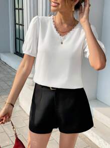 SHEIN Unity Casual Minimalist Solid Color Puff Sleeve Tie Back Shirt - White - View 2