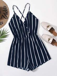 SHEIN VCAY Crisscross Backless Striped Cami Romper - Navy Blue - View 1