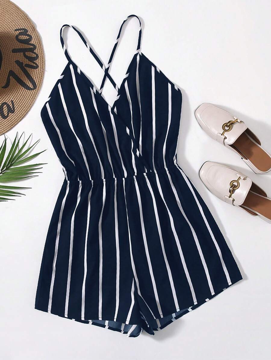 SHEIN VCAY Crisscross Backless Striped Cami Romper - Navy Blue - View 1