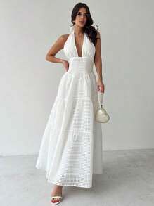 Firerie Romantic Date Ruffles Hemline Halter Backless White Plaid Spring/Summer Fairycore Dress, For Wedding & Valentine's Season - White - View 7