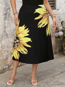 SHEIN LUNE Fustă minimalistă la modă, cu model floral, mărime plus, pentru femei, vacanță, concert, design nou, rave, festival, simplu și la modă, Paște, simplu și la modă