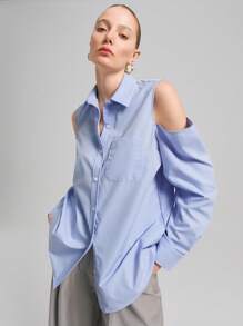 Ontre 2025 Women Off Shoulder Long Sleeve Single Button Casual Pocket Shirt - Blue - View 7