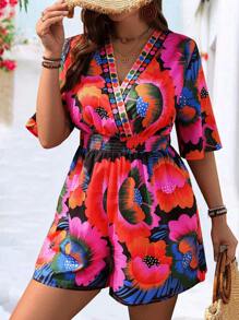 Breezaya Mono de cintura con estampado floral vintage y cuello en V, de moda para usar en primavera y verano de resort