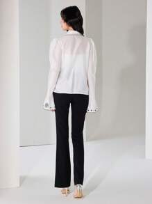 Modelyn Women's Hollowed-Out Collar, Scallop Trim, Bell Sleeve, Pearl Button, Embroidered Blouse