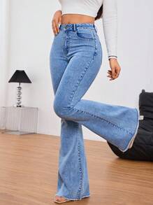 SHEIN Tall Solid Color Zipper Pocket Wide Leg Jeans Suitable For Daily Wear - Blue - View 8