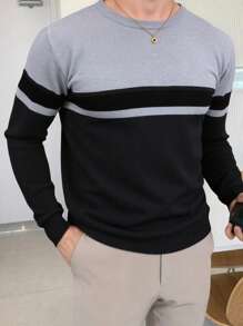 Manfinity Homme Men's Solid Color Panel Design Crew Neck Casual Long Sleeve Sweater