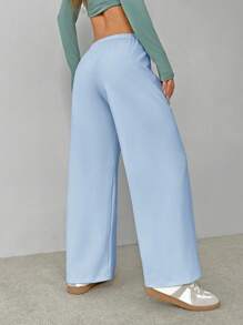 SHEIN PETITE Soft White Knitted Home Pants, Loose Pants - Blue - View 2