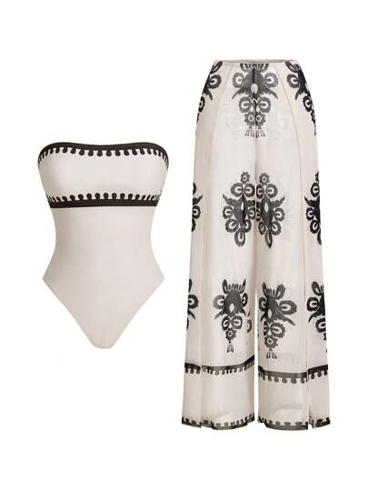 Swim Oasis 2 件套拼色露肩连体泳衣和几何印花罩衫短裤套装