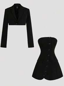 SHEIN Unity 女士休闲露肩设计连衣裙和长袖夹克 2 件套装，秋冬