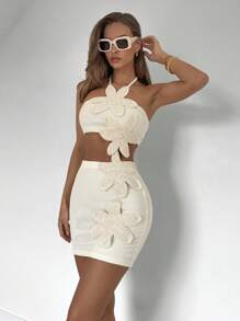 Roylia 2pcs Women Holiday Solid Color Hollow Textured 3D Embroidery Halter Top + Mini Skirt Set