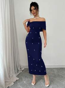 Rafferiza Elegant French Chic Off Shoulder Bodycon Dress With Large Bow And Pearl Details, Stretchy Knit Red Party Cocktail Mini Dress For Autumn Winter - Navy Blue - View 7