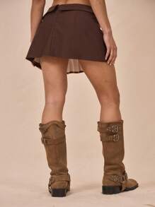 MUSERA Fold Over Waistband Layered Striped Pleated Miniskirt Only For Springs Summer