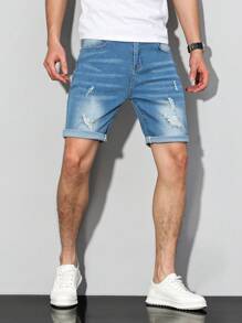 Manfinity Homme 大码男式休闲洗水破洞牛仔短裤 - 淺色水洗藍 - 查看 4