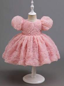 SHEIN Glamorique Kids 花童礼服适合生日派对、婚礼、节庆、女婴粉色 3D 花卉网眼芭蕾舞裙，配蝴蝶结领结，适合正式场合、舞台、钢琴表演、派对、拍照、日常穿着 - 粉色 - 查看 4