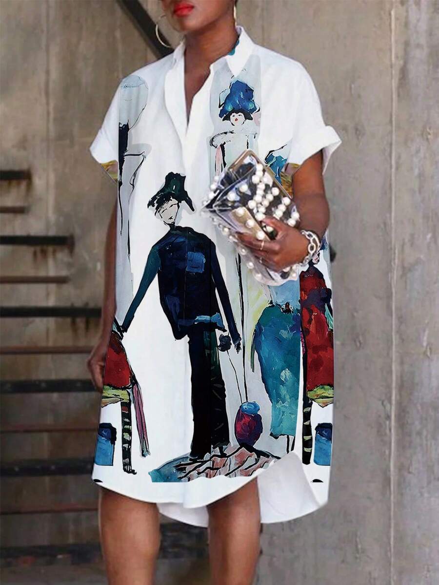 SHEIN LUNE Summer Casual Person Print Button Front Shirt Dress - Multicolor - View 1