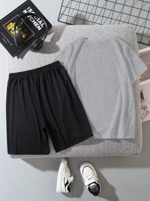 SHEIN Leap Crew 2pcs/Set Tween Boys Casual Minimalist Round Neck Short Sleeve T-Shirt And Shorts Set, Suitable For Summer