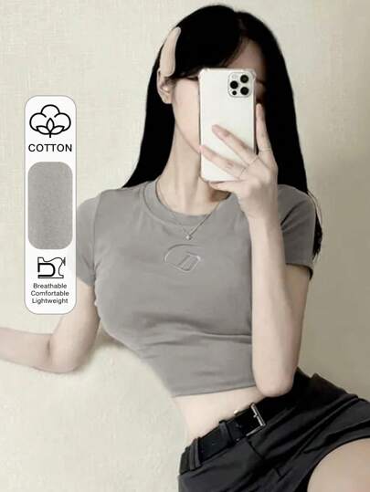 DAZY Women's Solid Color Embroidery Crop Top T-Shirt Summer