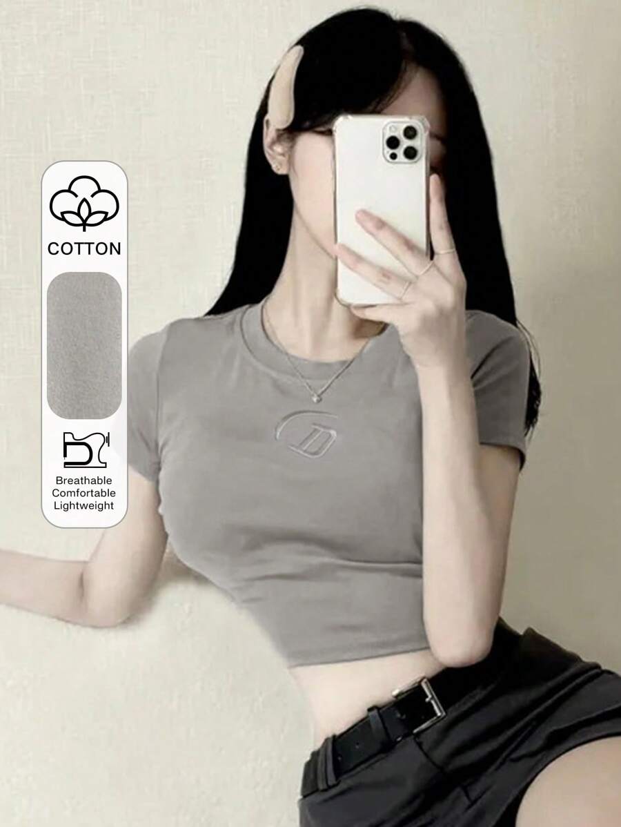 DAZY 女士纯色刺绣短款 T 恤 夏季