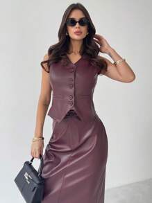 Firerie Women Elegant Simple Refined Commuting Office Fashionable Everyday V-Neck Button Leather Vest And High Waist Straight Split Hem Skirt Akula Red Leather Suit, Spring/Summer - Burgundy - View 3