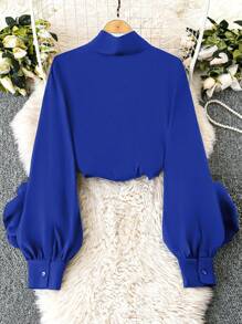 DreamSkyne Court Retro  Plus Size Black 3D Floral Contrast Color Long Sleeve Shirt - Blue - View 2