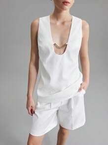 Ontre 2025 新款婚礼服白色无袖背心和百慕大短裤皱褶面料两件套女士春夏 - 白色 - 查看 1