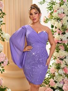 SHEIN Belle Plus Size Elegant Romantic Light Purple Asymmetrical Neck Long Sleeve Flounce Chiffon Sequin Splicing Bodycon Party Dress, Wedding Guest Dress, For Cocktail