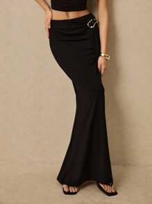 Poéselle 女士优雅金属装饰低腰美人鱼长裙，复古风，女士度假装，春假装 - 黑色 - 查看 5