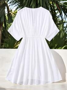 SHEIN Kimono tressé pour préadolescentes avec décoration de sangle, blanc, convenant pour les vacances à la plage et les sorties printanières