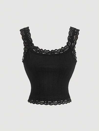 SHEIN MOD Black Lace Trim Jacquard Textured Bow Decor Camisole,Summer Tops,Summer Outfits For Women,Going Out Tops,Summer,Cute Tops,Y2k Tops,Rave,Country,Fairycore,Brunch Outfits For Women,Minimalist,Concert Outfits,Black Tops