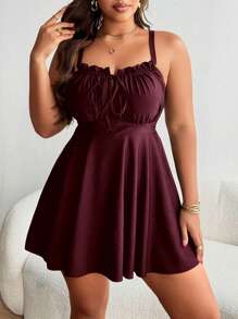 Swim Lushoire 大码女士黑色泳装连衣裙，荷叶边装饰，系带设计，适合夏季海滩度假 - 酒紅色 - 查看 3