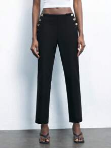 Maija 女式不对称金属扣装饰长裤，黑色，适合春季、夏季、所有季节，百搭，现代都市休闲设计，精确对称双排金属扣开口，修身剪裁，优雅，商务休闲，社交聚会，巡航，低调时尚，高品质，城市通勤，杂志编辑同款，都市社交派对，迷人的女士七分裤