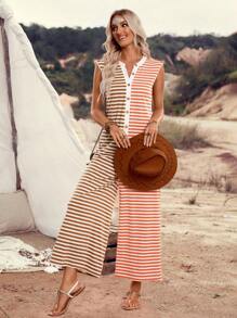 LanaWest 2025 Spring & Summer New Striped Bohemian Music Festival Casual Vacation Patchwork Sleeveless Wide Leg Jumpsuit For Women - Multicolor - View 5