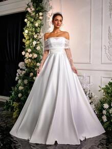 Glamrae Elegant White Lace Off-Shoulder Long Sleeve Pearled Mesh Draping Satin Shiny A-Line Ruffle Maxi Dress Wedding Gown With Adjustable Tie Back, Bride - White - View 7