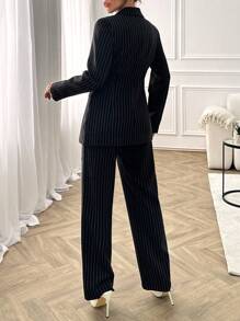 SHEIN Cottnline Elegant, Navy-Blue Suit, Striped Fabric, Button Jacket, Blazer Jacket, - Navy Blue - View 2